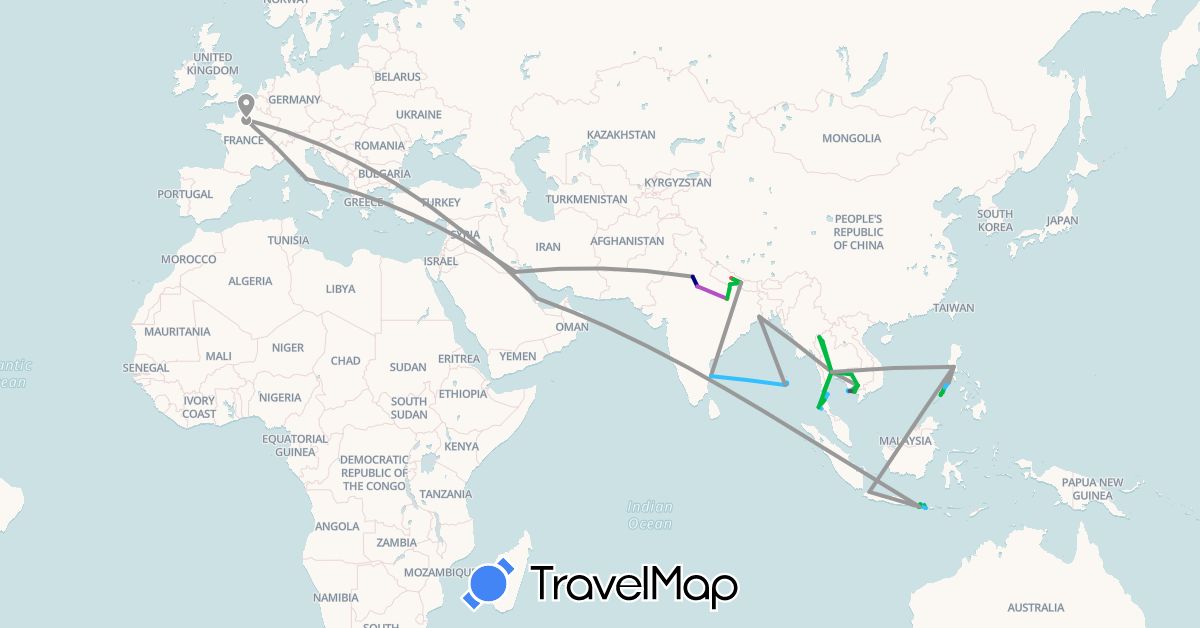TravelMap itinerary: driving, bus, plane, cycling, train, hiking, boat, hitchhiking, motorbike in France, Indonesia, India, Italy, Cambodia, Kuwait, Nepal, Philippines, Qatar, Thailand (Asia, Europe)